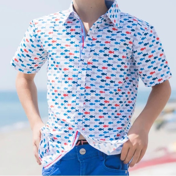 Til Tuk Kids Gone-Fishing Short Sleeve Button Down Shirt - size 7/8 - Picture 2 of 5